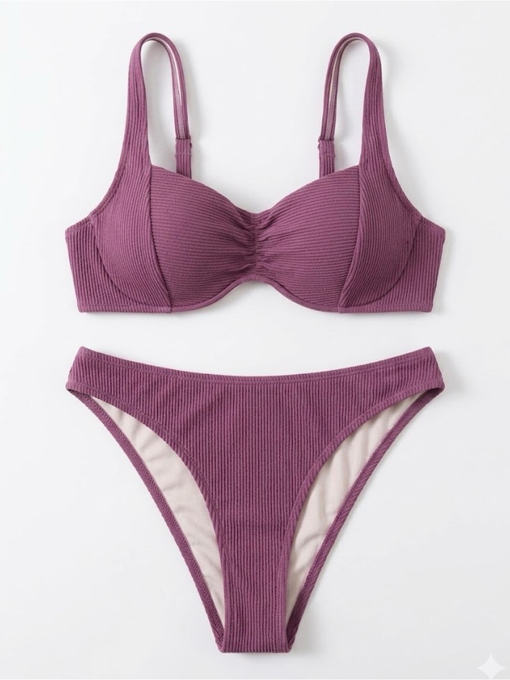 Shade & Shore Ribbed Two-Piece Bikini Set Mauve 36B Top - Large Low Rise Bottoms